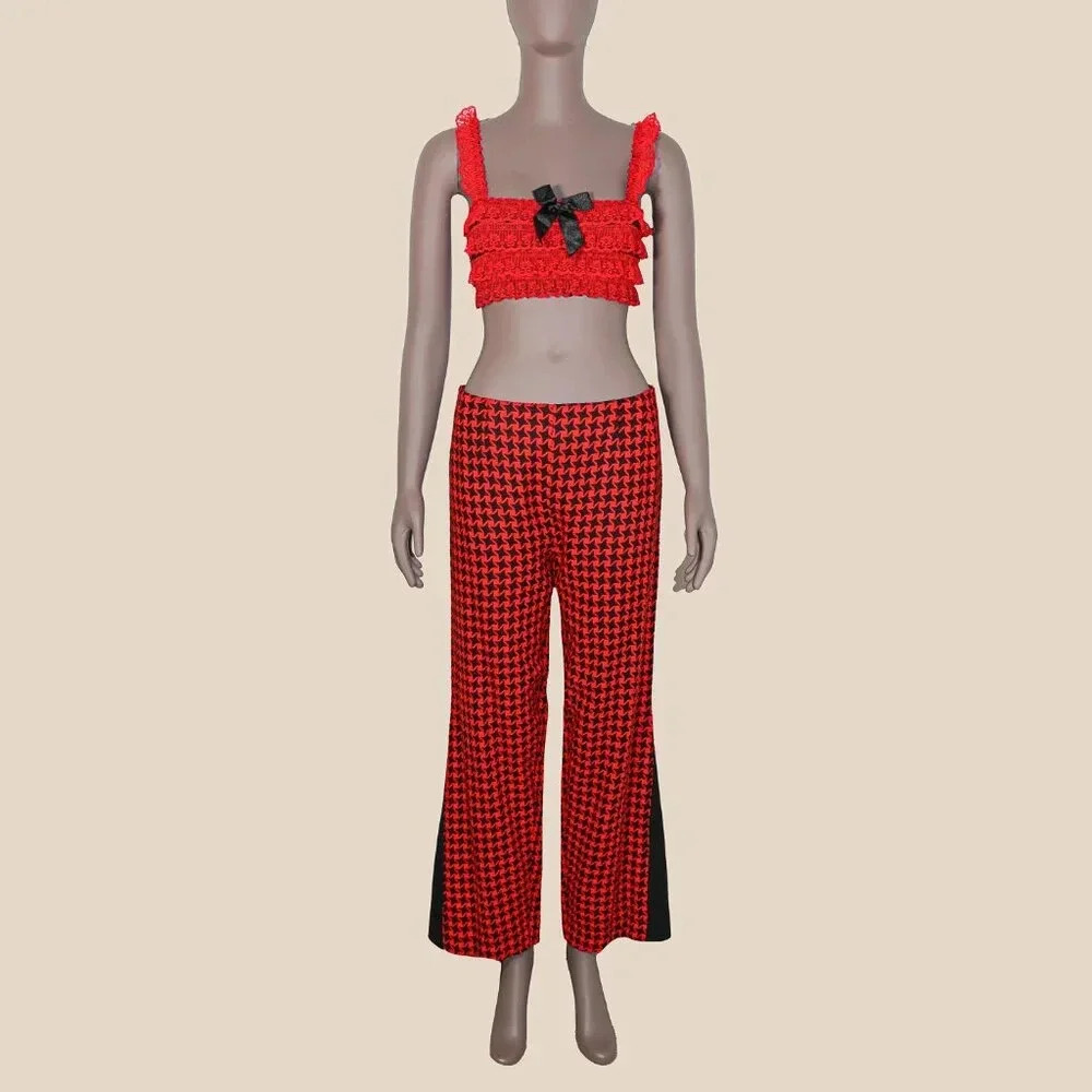 Vintage Red Black High Waisted Houndstooth Trousers Holiday Pants Size Medium